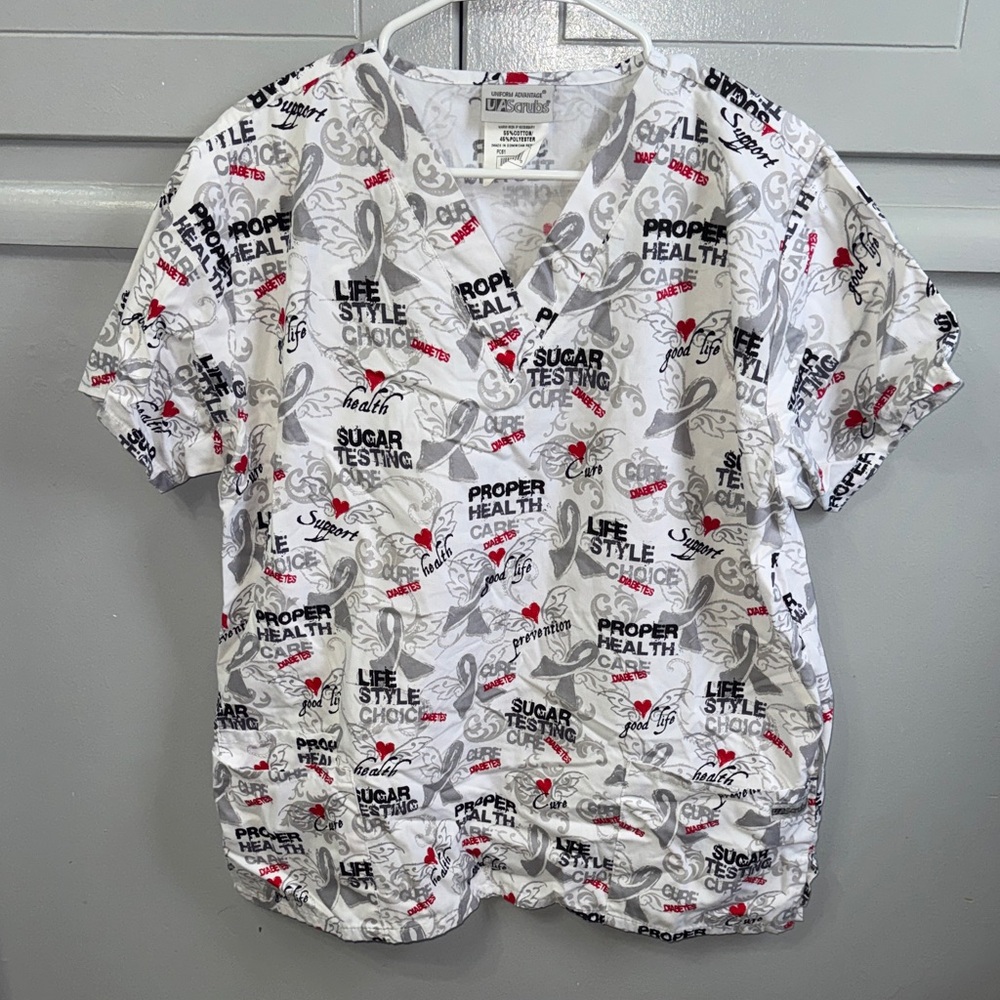 UA Scrubs White V-Neck Medical Print Top with Red and Gray Accents